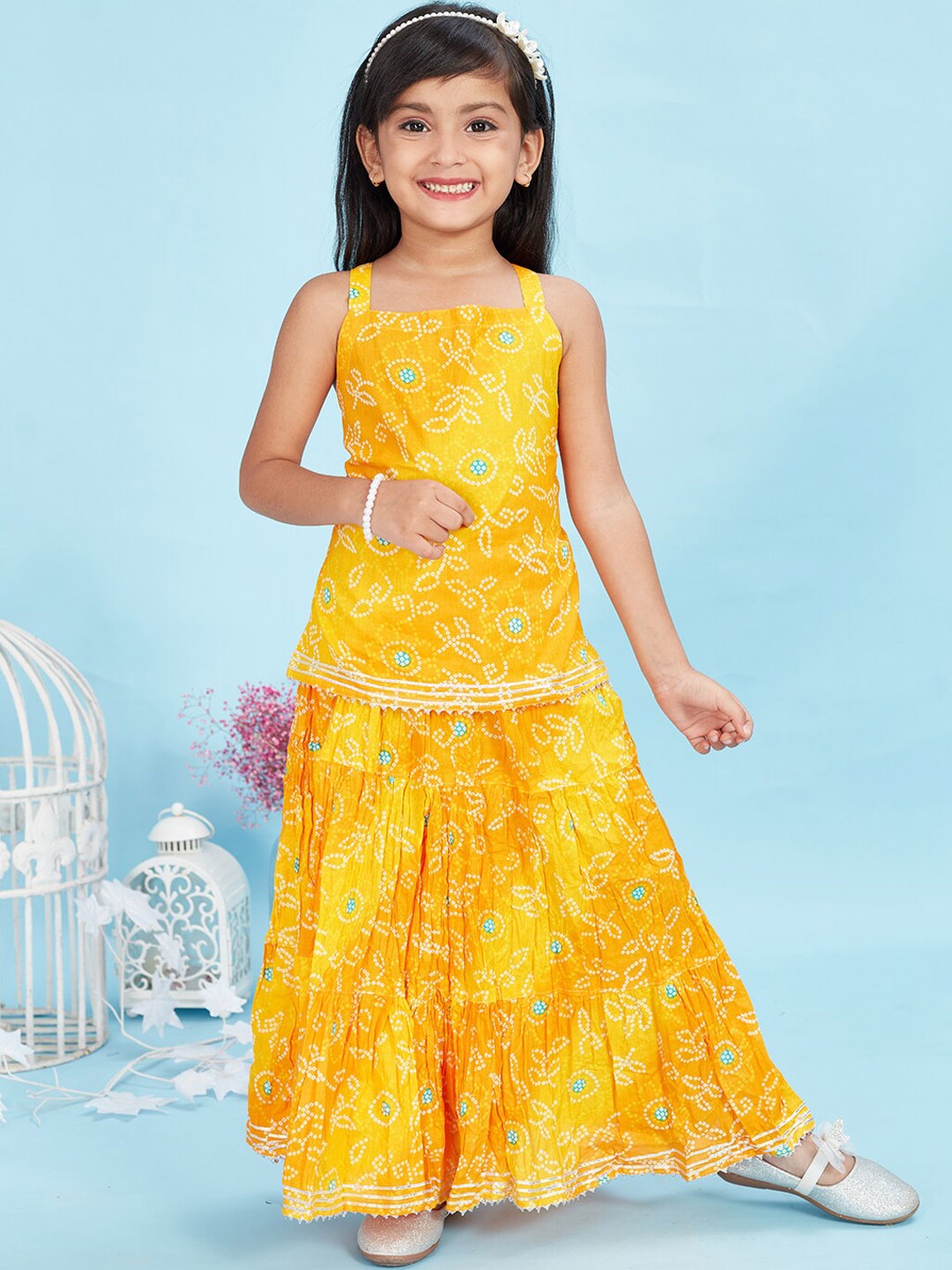

Maaikid Girls Bandhani Printed Pure Cotton Kurti With Skirt, Yellow