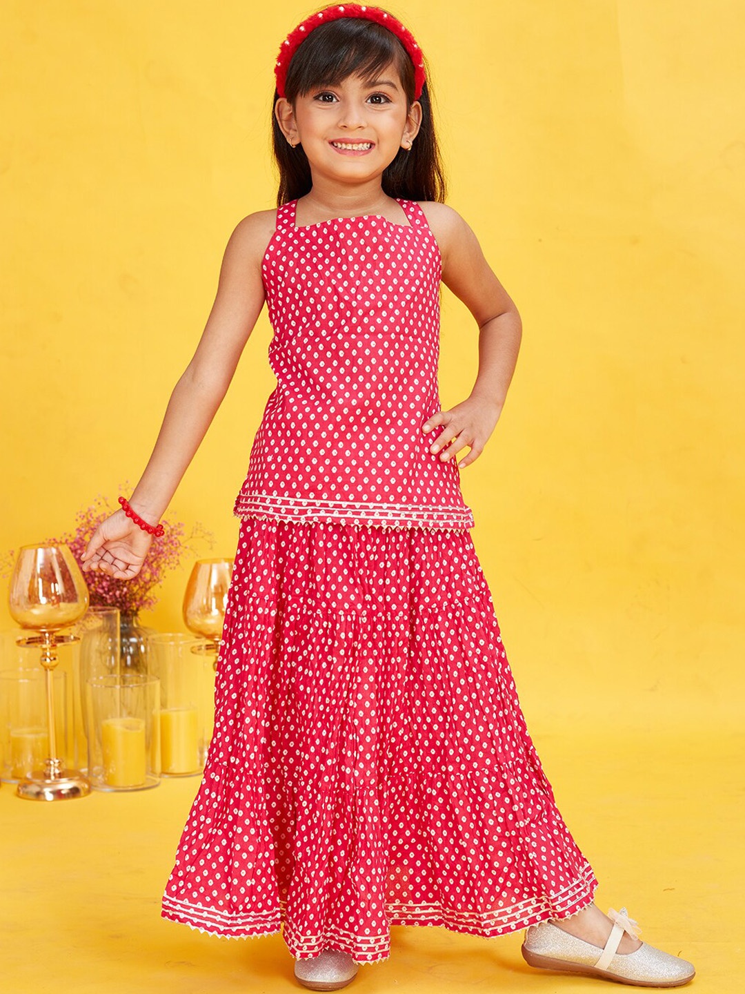 

Maaikid Girls Printed Pure Cotton Kurti With Skirt, Red