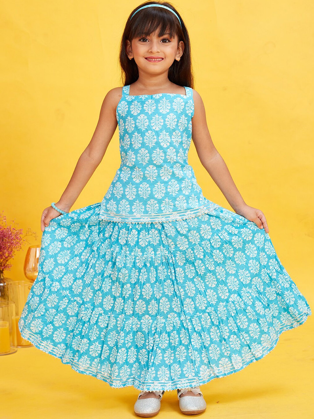

Maaikid Girls Ethnic Motifs Printed Gotta Patti Pure Cotton Kurti with Skirt, Blue