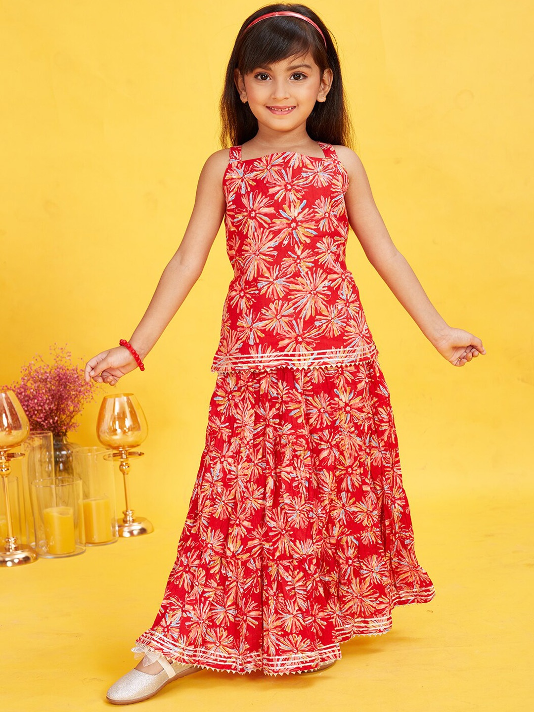 

Maaikid Girls Floral Printed Pure Cotton Kurti With Skirt, Red