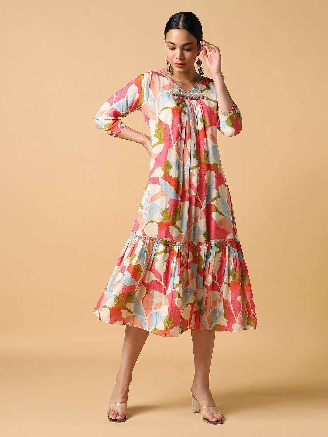 

House Of Dharaa Floral Printed A-Line Midi Dress, Cream