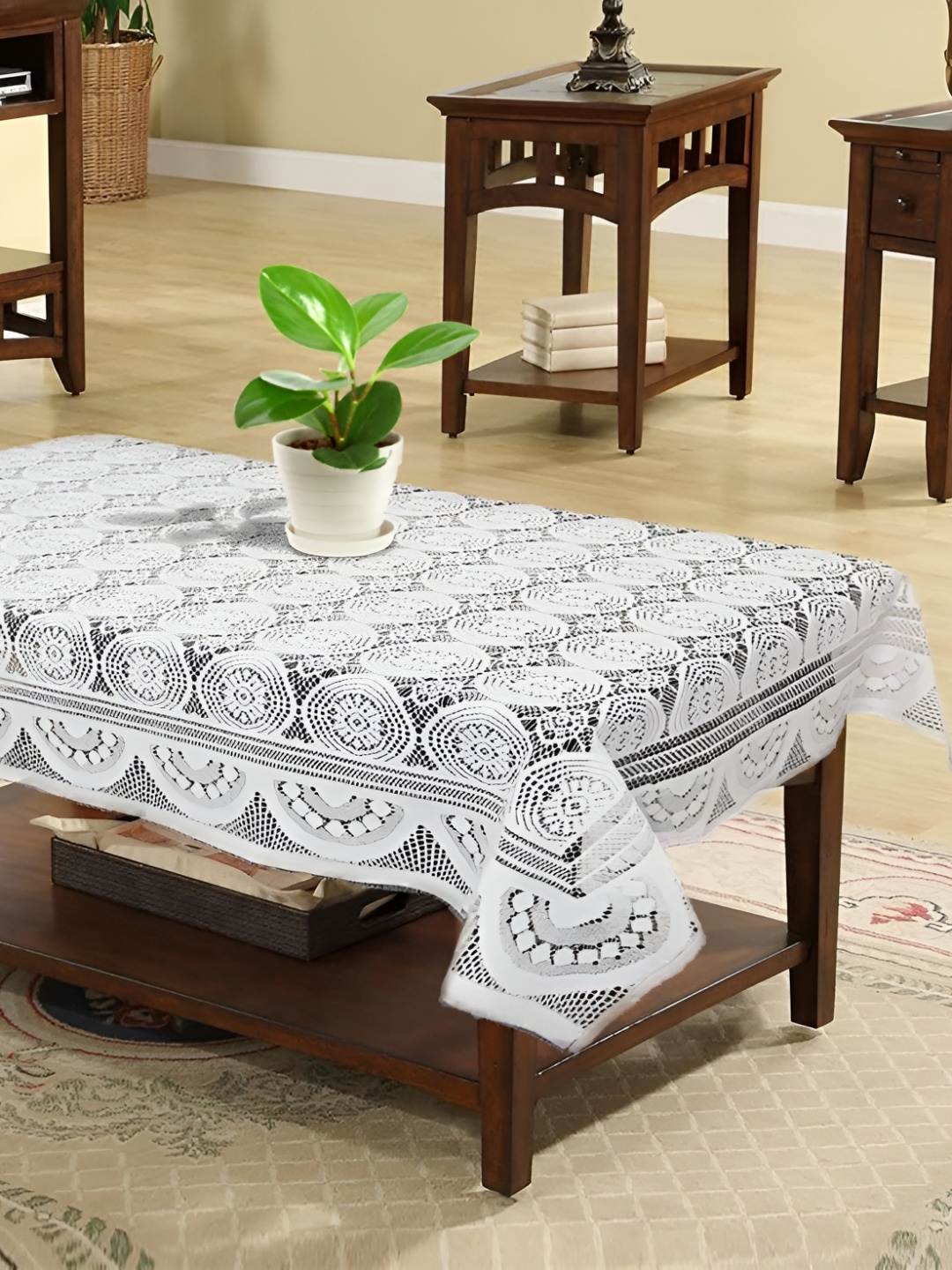 

MONKDECOR White Floral 2 Seater Cotton Table Cover