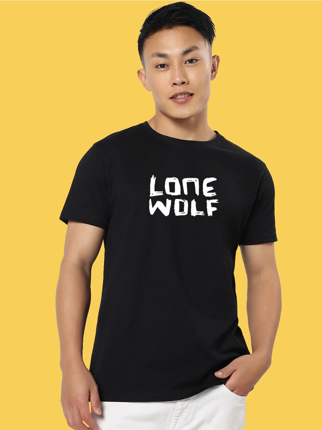 

Mad Over Print Lone Wolf Printed Round Neck Short Sleeves Cotton T-shirt, Black