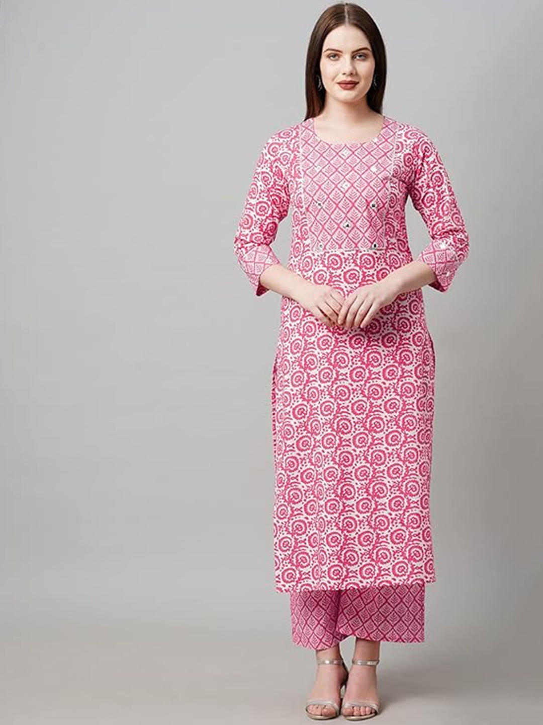 

S.K.C Ethnic Motifs Printed Regular Mirror Work Kurta With Pyjamas, Pink
