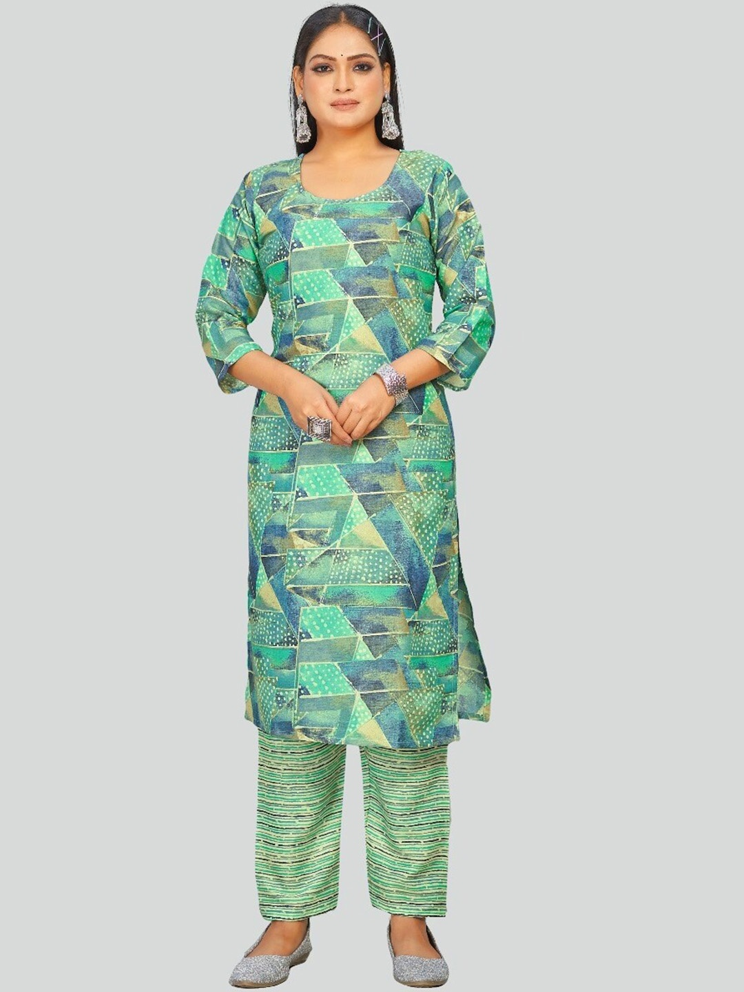 

S.K.C Abstract Printed Straight Kurta with Trousers, Teal