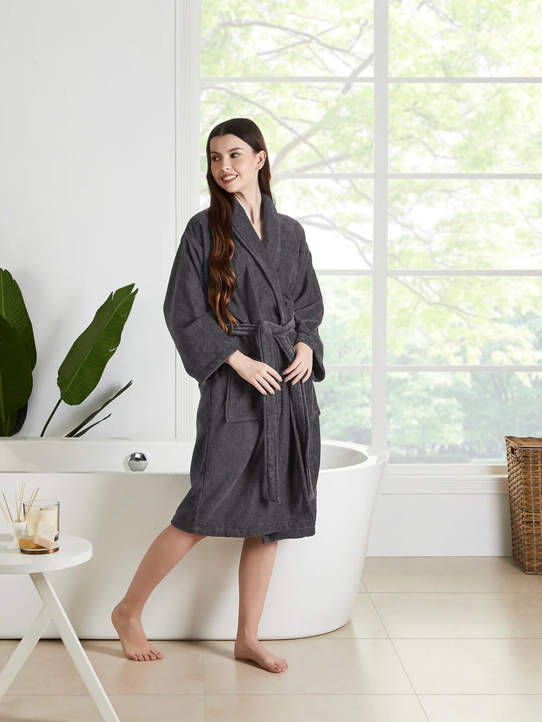 

SENSES Grey Plush Soft Terry 400 GSM Pure Cotton Shawl Collar Bathrobe