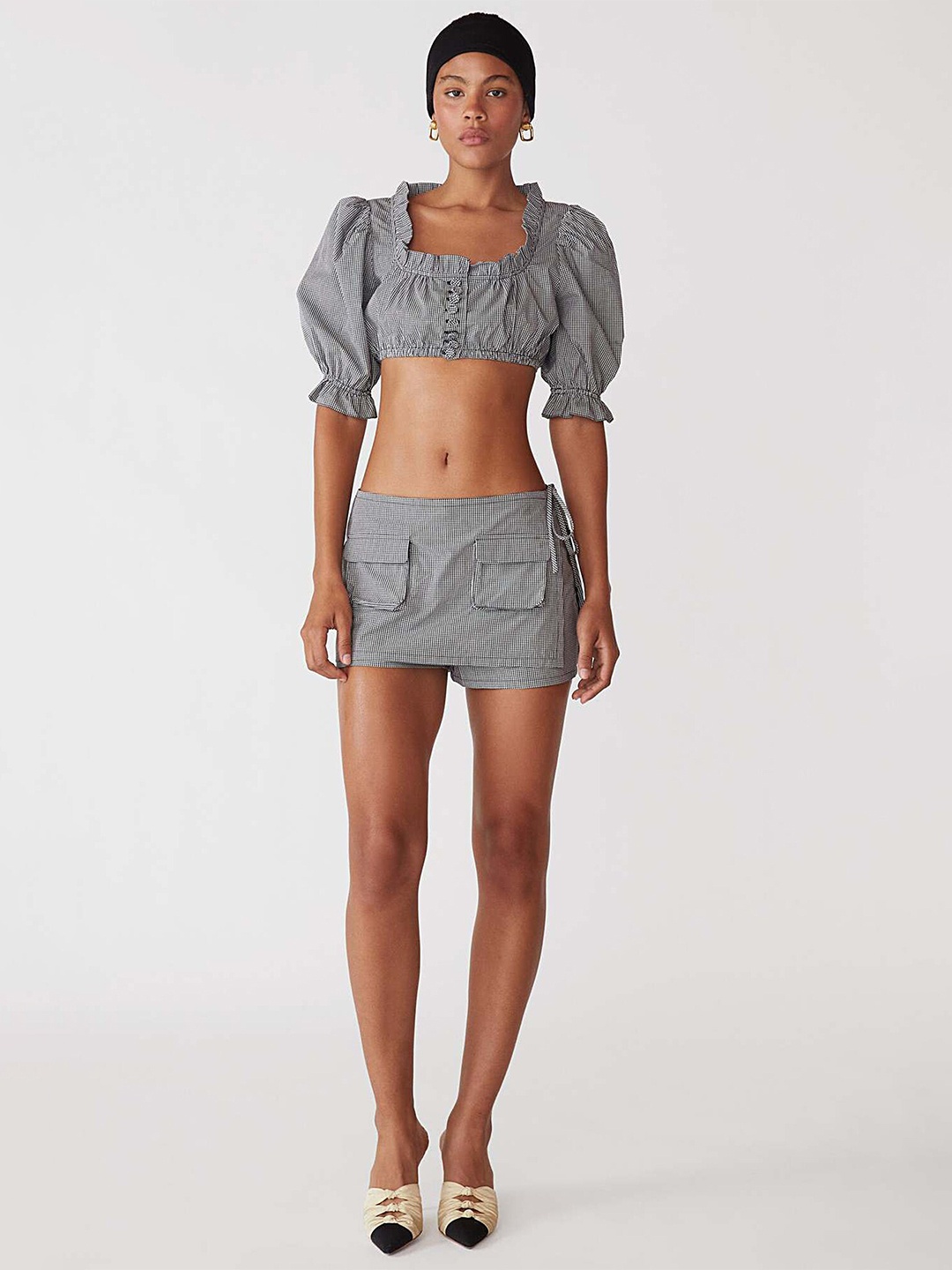 

LULU & SKY Checked Square Neck Puff Sleeve Crop Top, Black