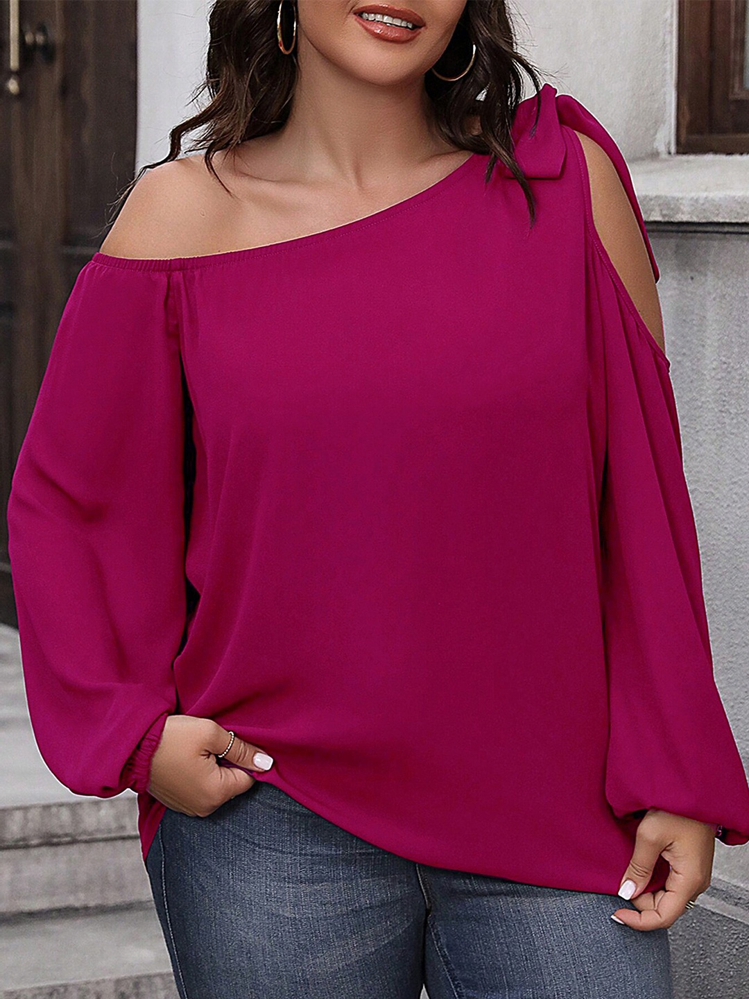 

LULU & SKY One Shoulder Cold-Shoulder Sleeves Top, Pink