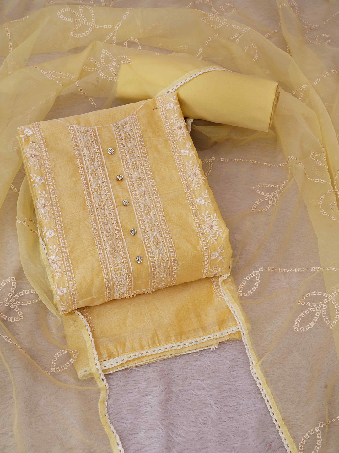 

TAVAS Embroidered Unstitched Dress Material, Yellow