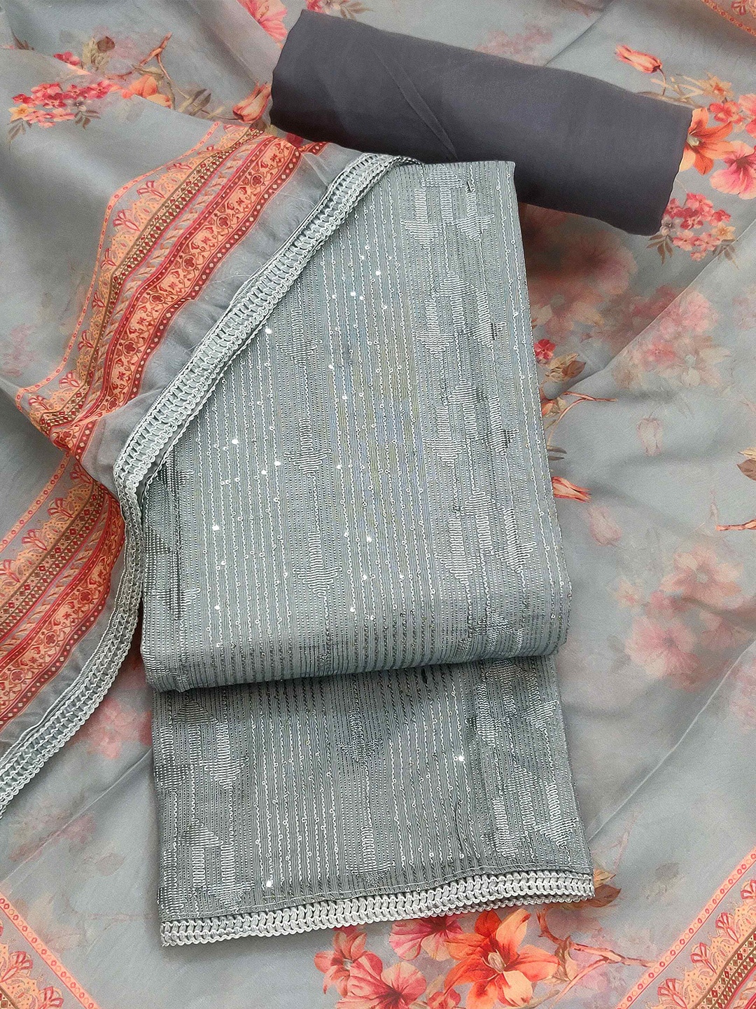 

TAVAS Striped Embroidered Sequinned Unstitched Dress Material, Grey