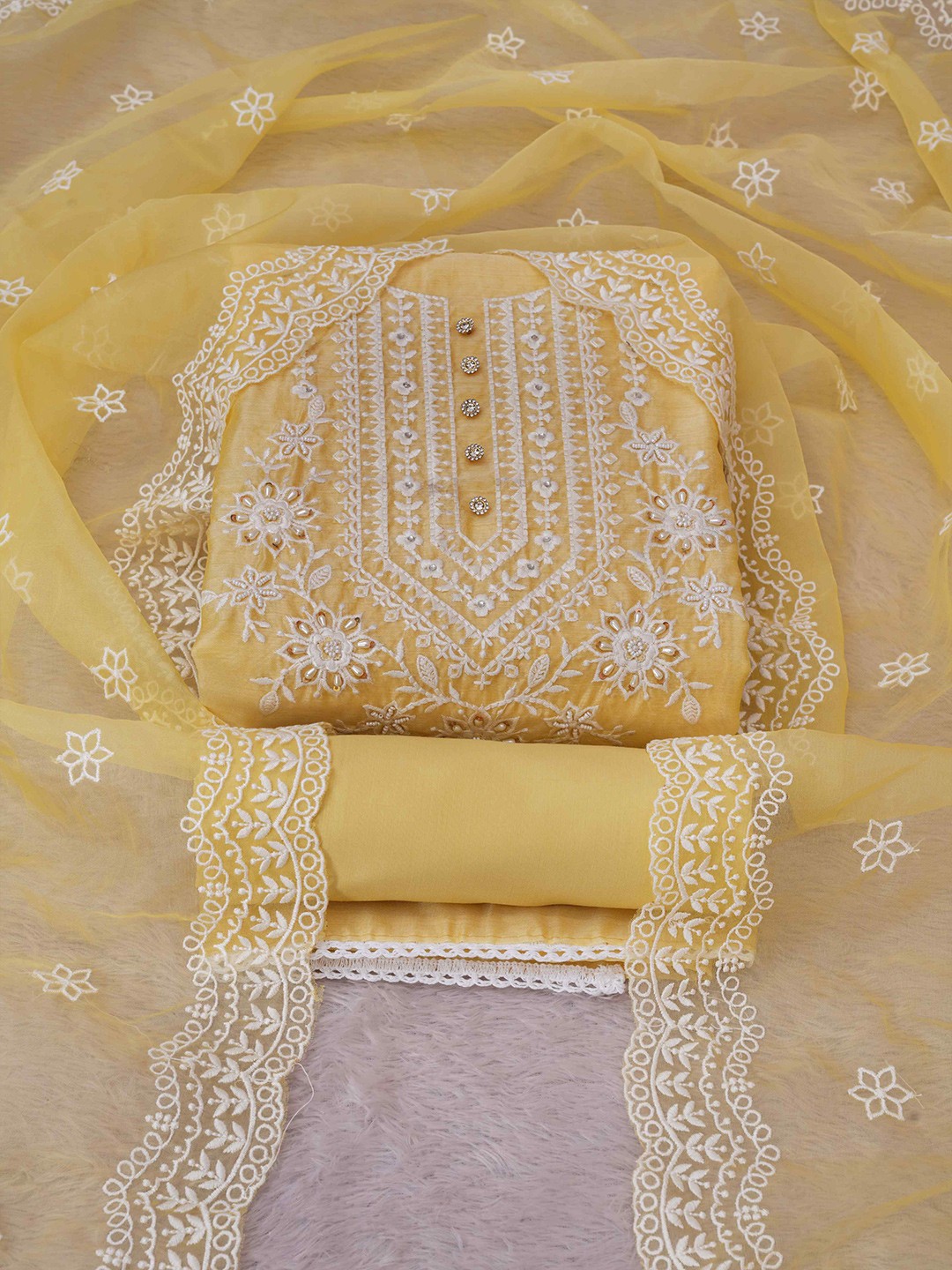 

TAVAS Ethnic Embroidered Unstitched Dress Material, Yellow