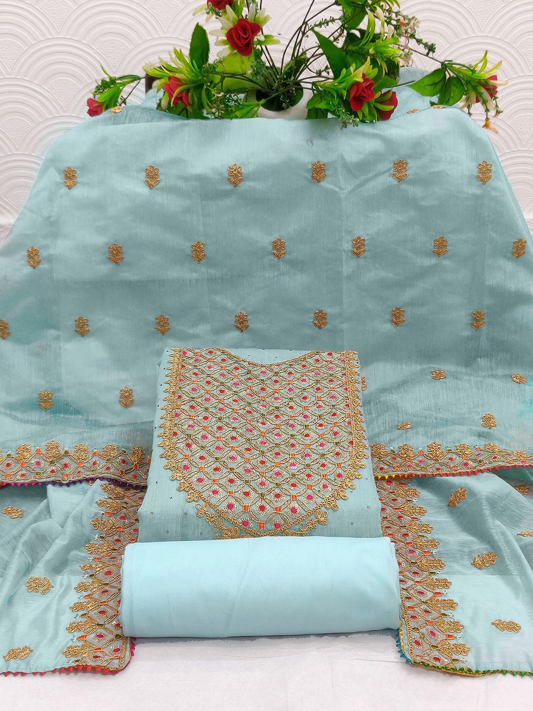 

TAVAS Embroidered Unstitched Dress Material, Blue