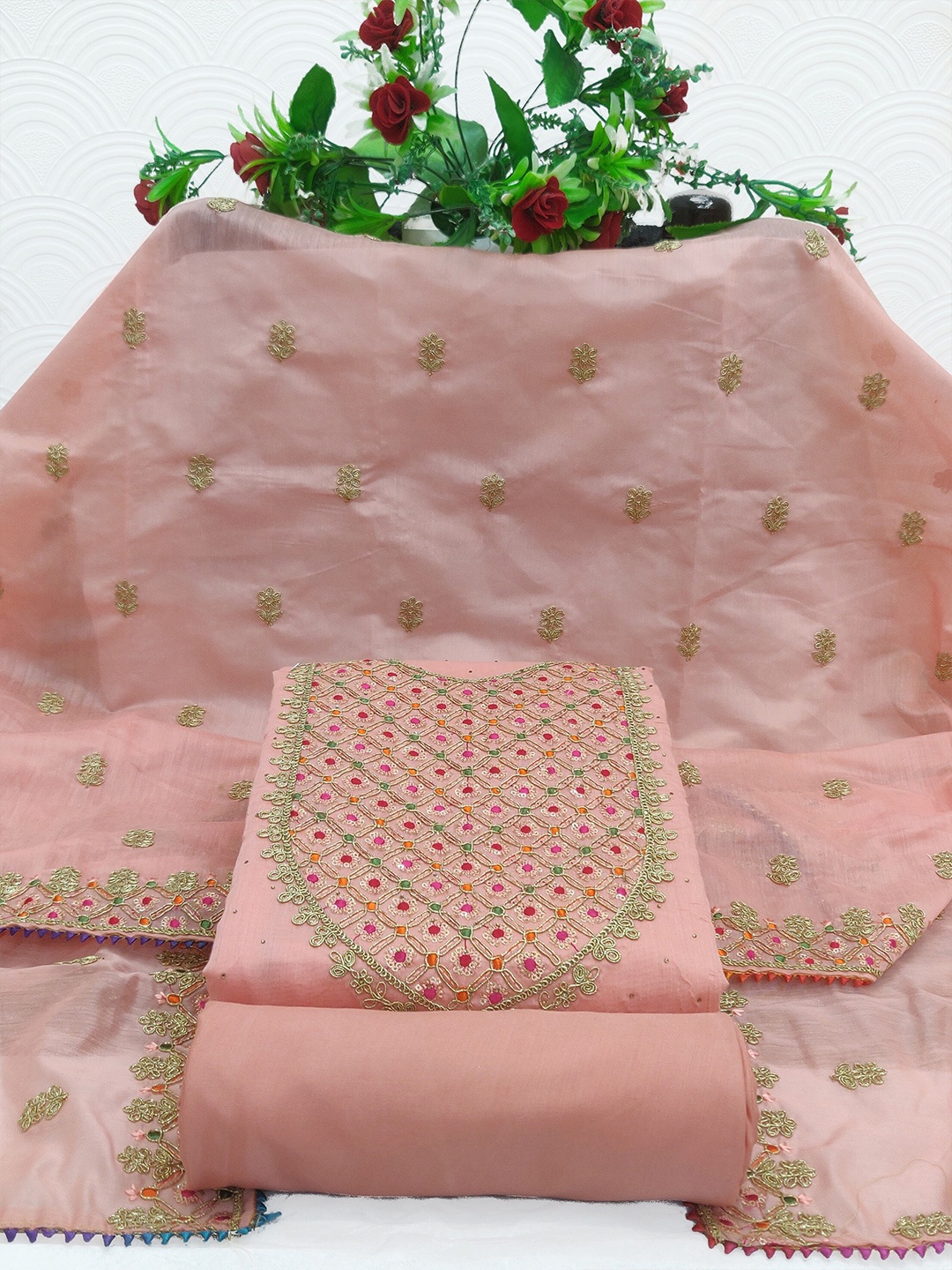 

TAVAS Embroidered Unstitched Dress Material, Pink