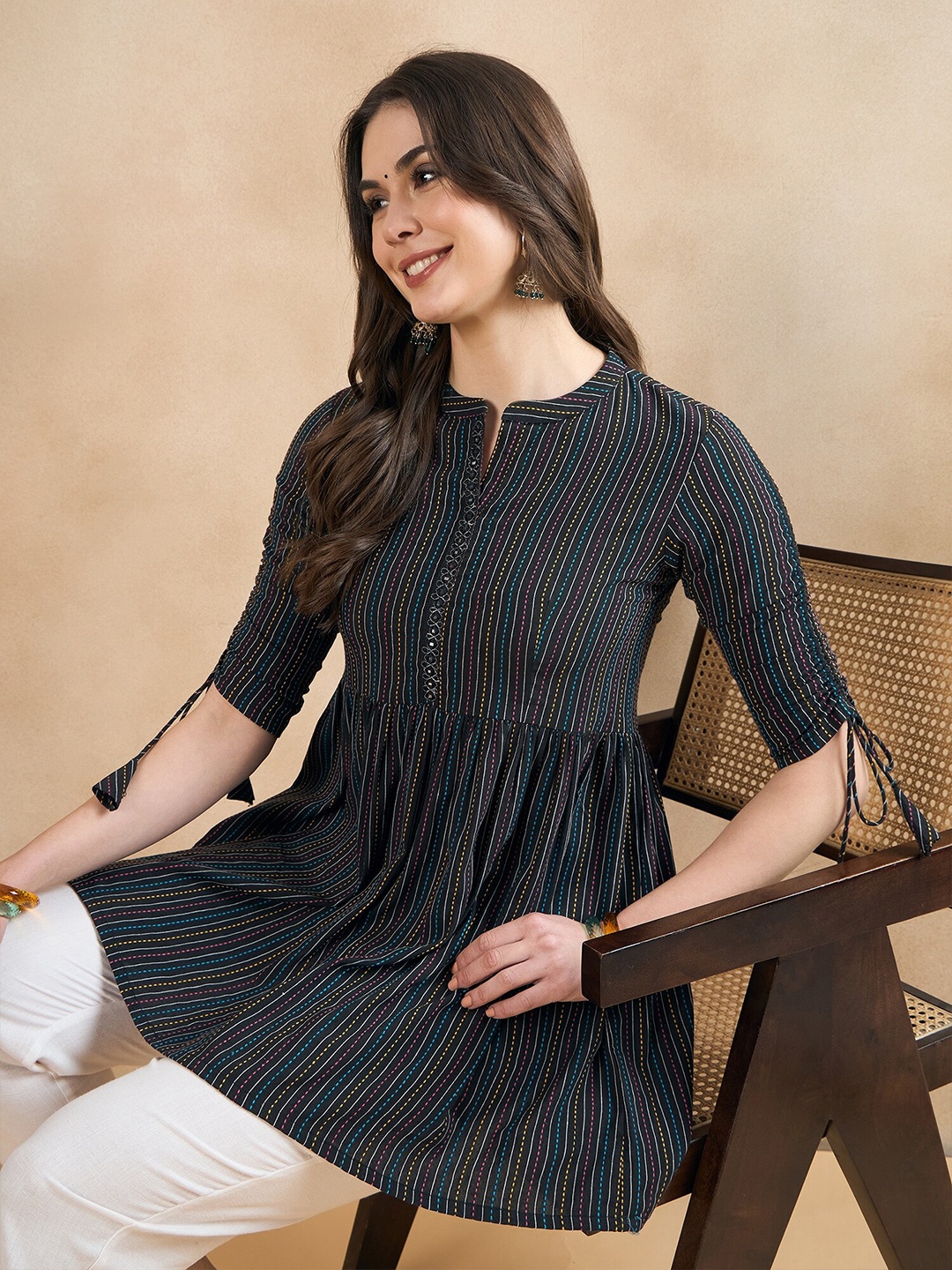 

Anouk Striped Thread Work Mandarin Collar Pure Cotton A-Line Short Kurti, Black