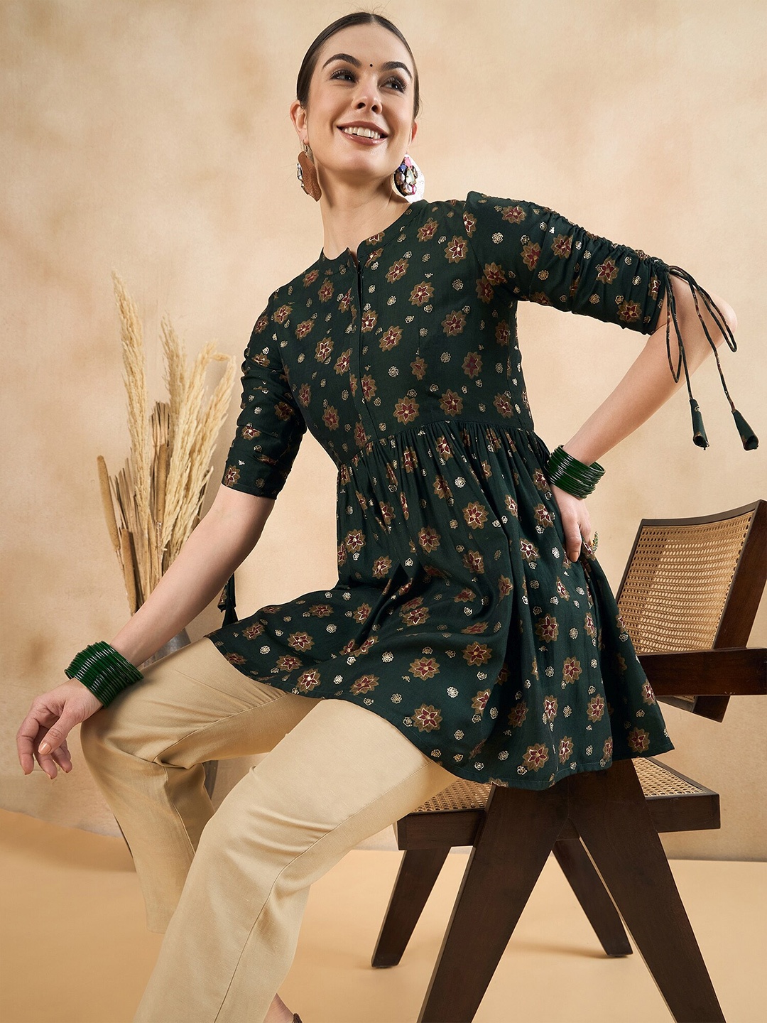 

Anouk Green Floral Printed Mandarin Collar A-Line Kurti