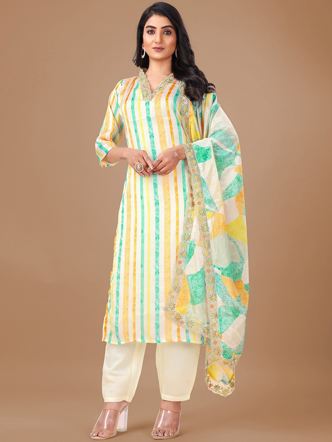 

CaniBani Striped Thread Work Kurta With Trousers & Dupatta, Yellow