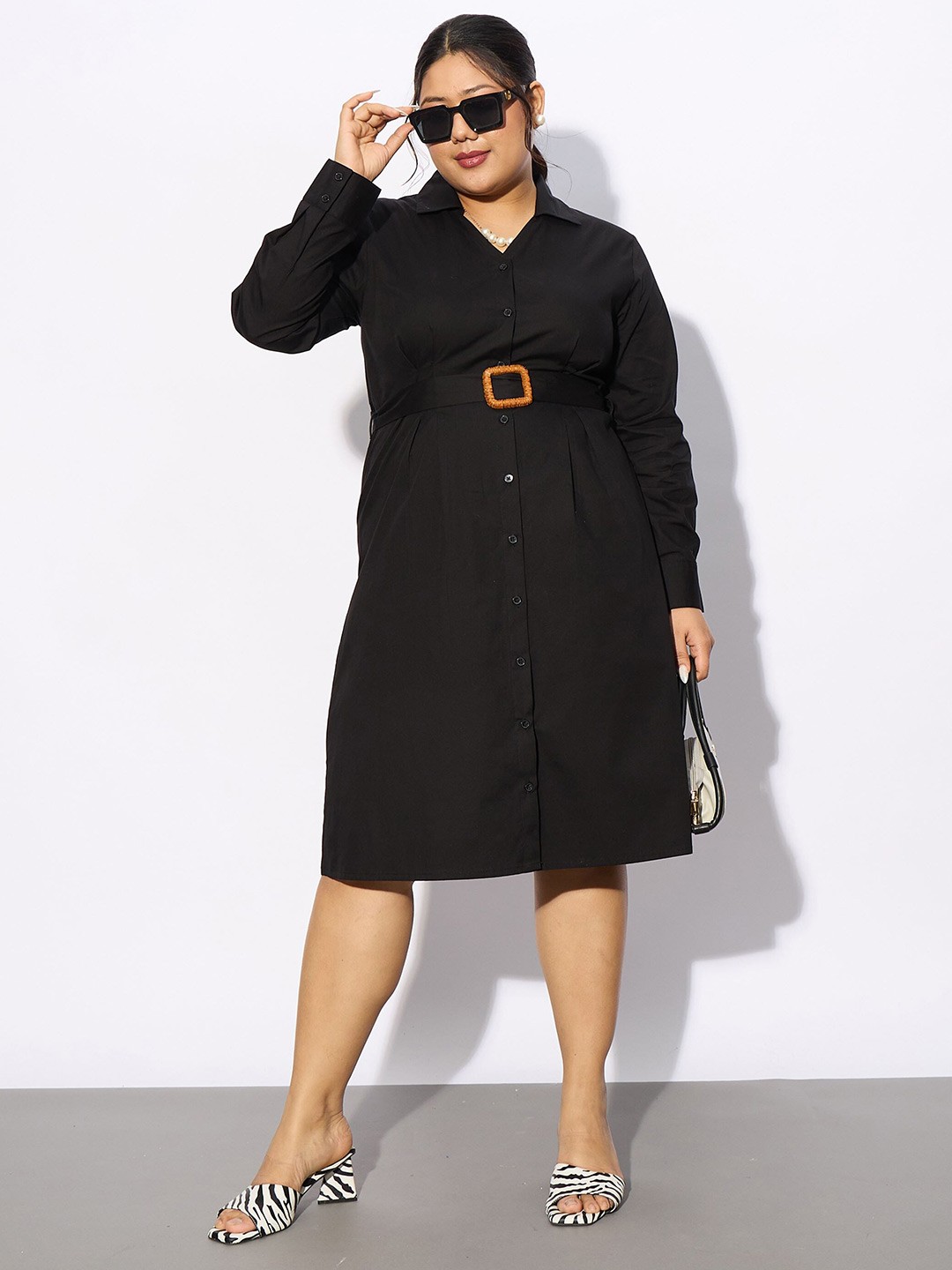 

SASSAFRAS Curve Plus Size Long Sleeves Cotton Shirt Dress, Black