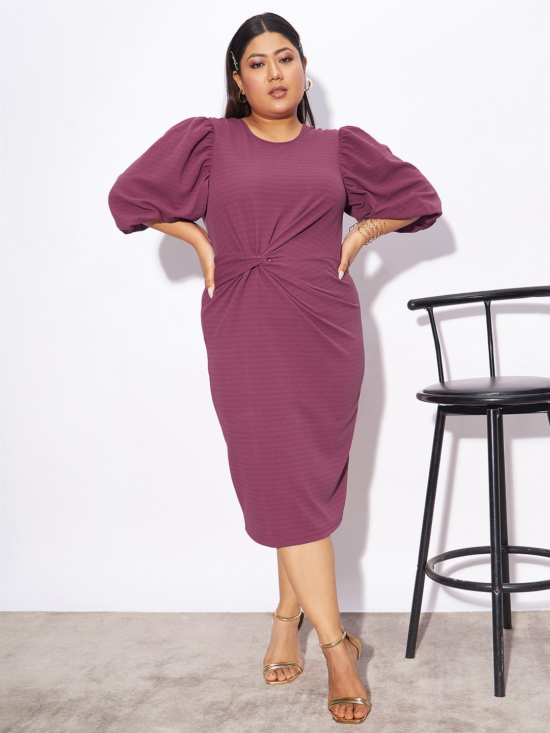 

SASSAFRAS Curve Plus Size Puff Sleeve Sheath Dress, Pink