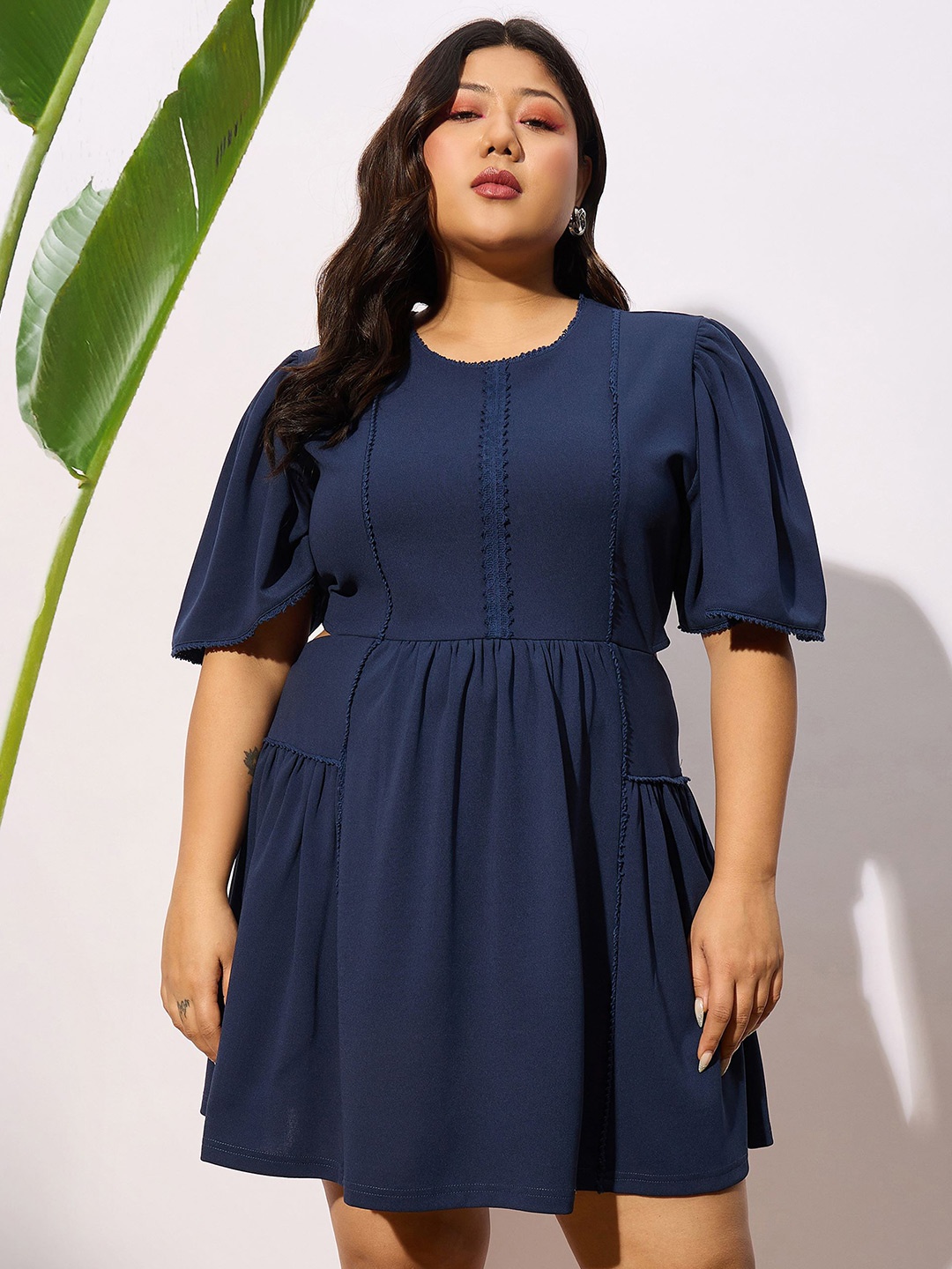 

SASSAFRAS Curve Plus Size Navy Blue Round Neck Puff Sleeves Gathered Fit & Flare Dress