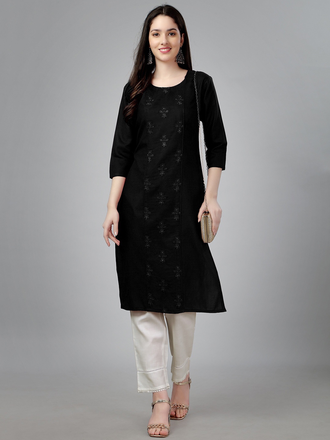 

STRICHARITRA Straight Floral Embroidered Cotton Thread Work Kurta, Black