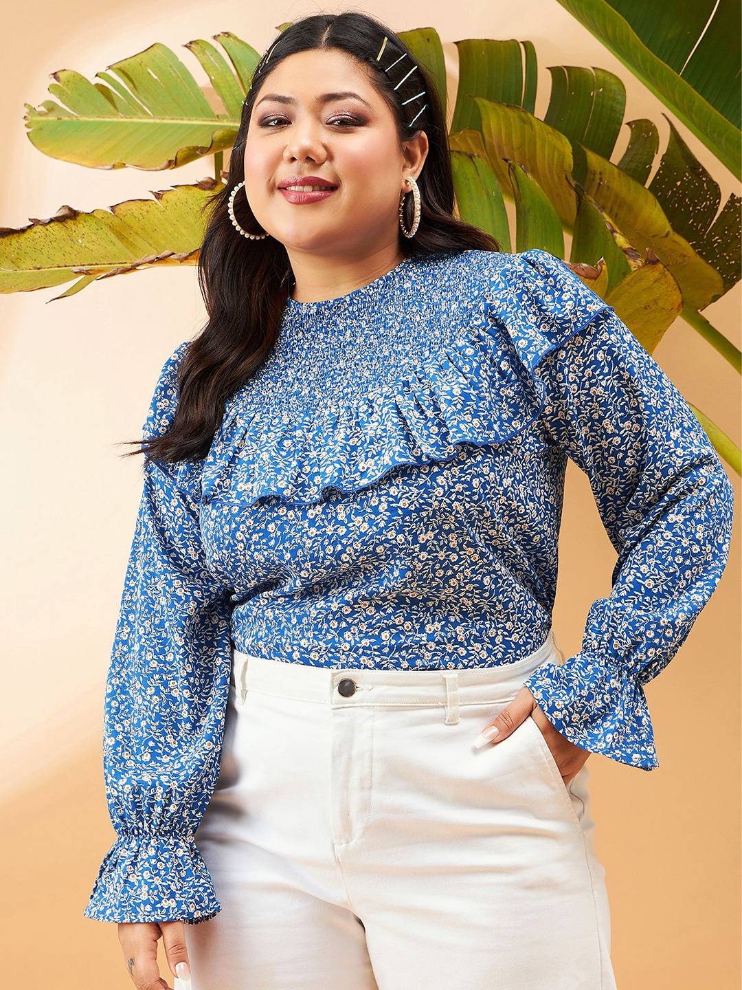

SASSAFRAS Curve Plus Size Floral Printed Smocked Georgette Top, Blue