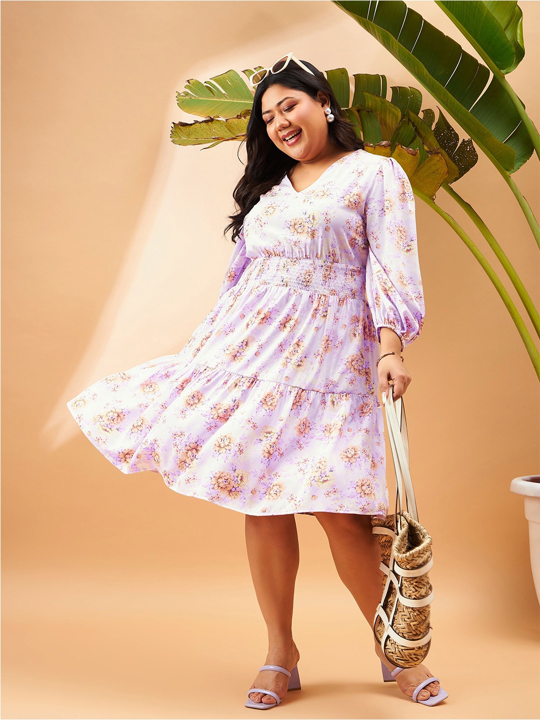 

SASSAFRAS Curve Plus Size Floral Printed Puff Sleeve A-Line Dress, Lavender