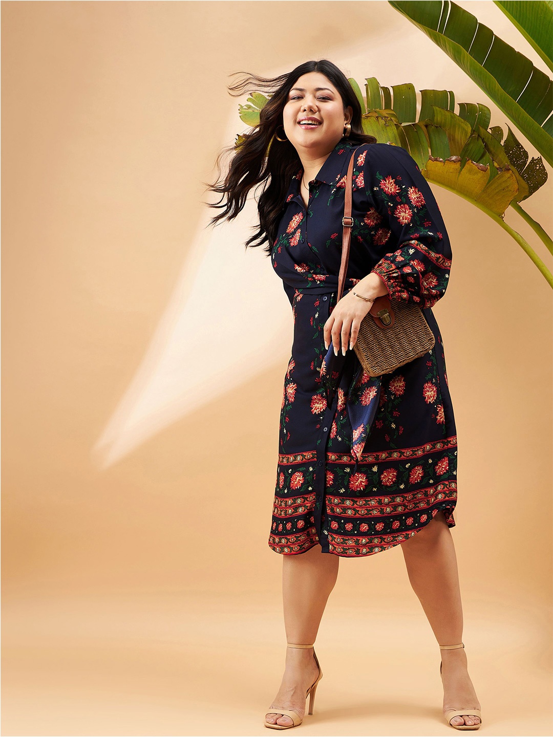 

SASSAFRAS Curve Plus Size Floral Printed Georgette Shirt Dress, Blue