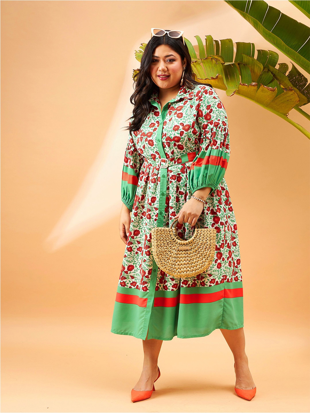 

SASSAFRAS Curve Plus Size Floral Printed Fit & Flare Midi Dress, Green