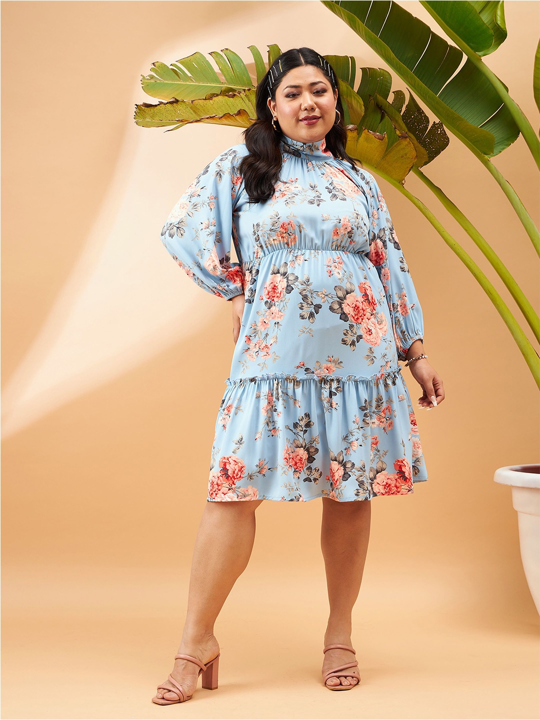 

SASSAFRAS Curve Plus Size Floral Print Georgette A-Line Dress, Turquoise blue