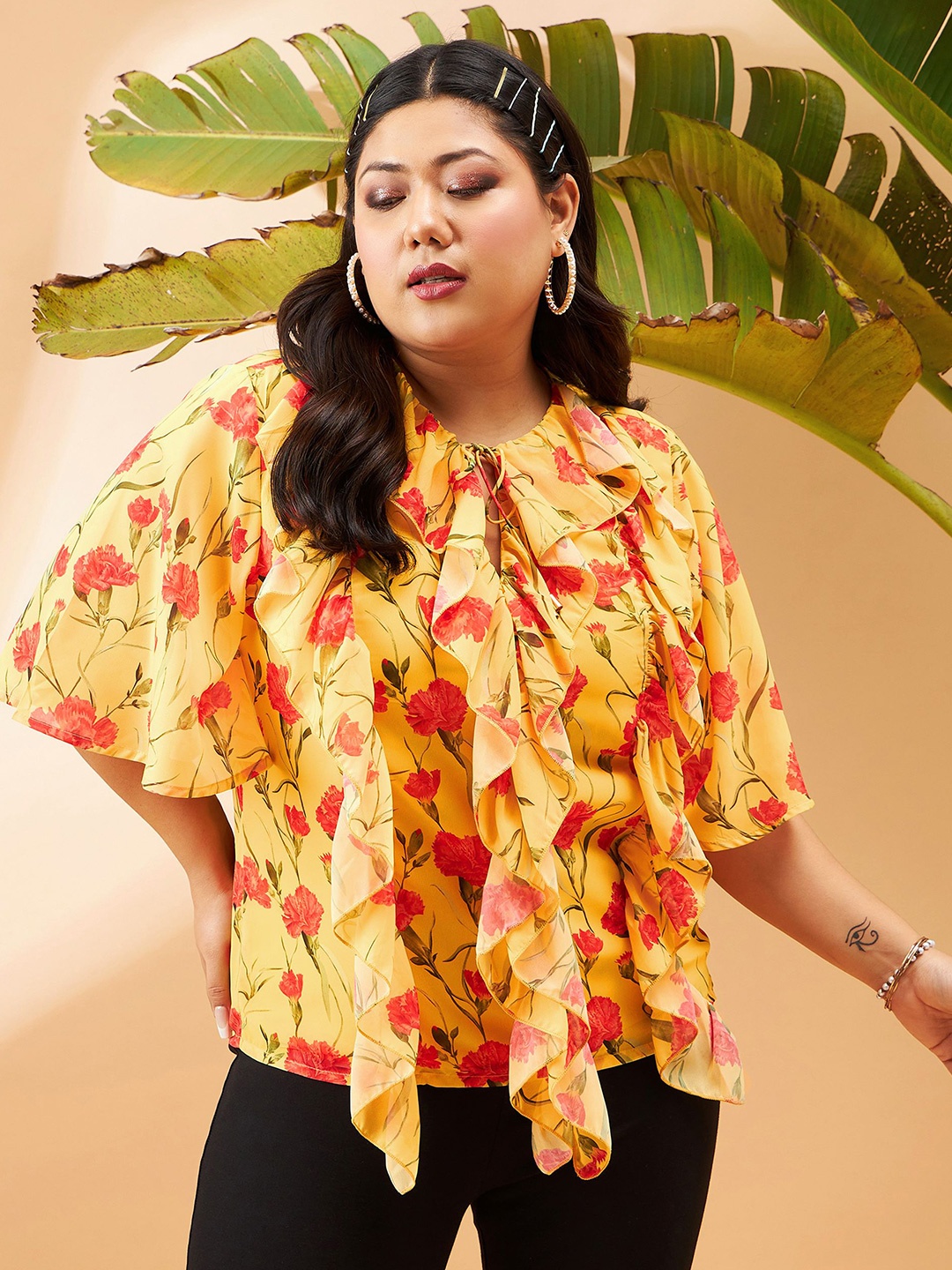 

SASSAFRAS Curve Floral Printed Tie-Up Neck Ruffles Top, Yellow