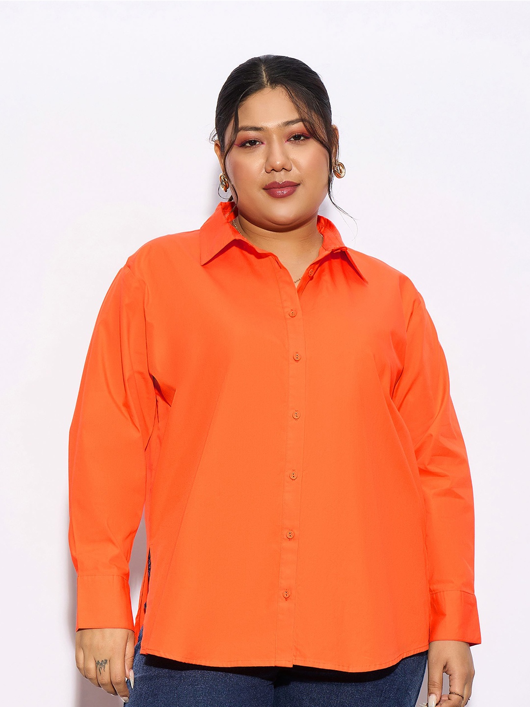 

SASSAFRAS Curve Plus Size Pure Cotton Casual Shirt, Orange