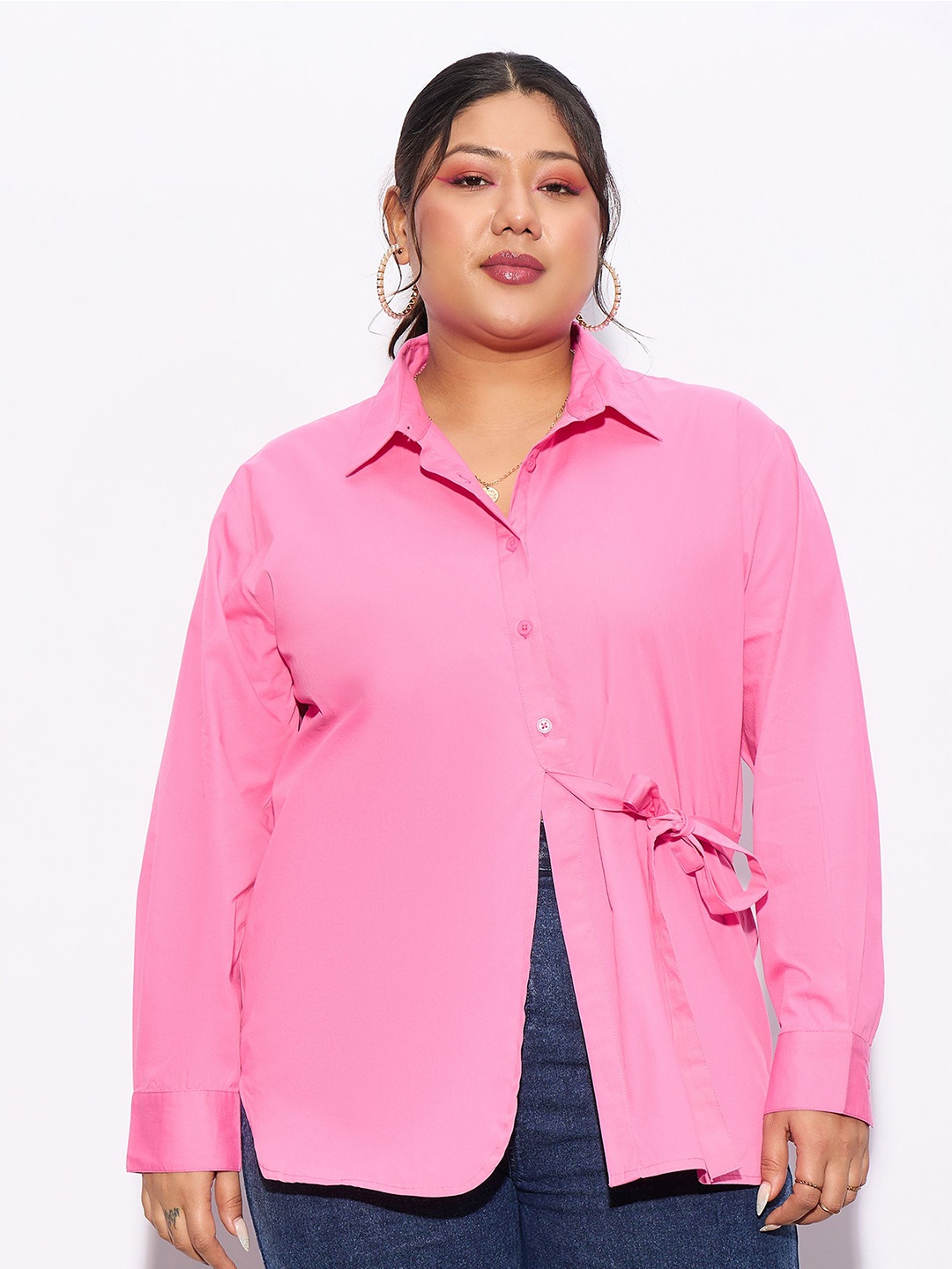 

SASSAFRAS Curve Plus Size Pure Cotton Casual Shirt, Pink