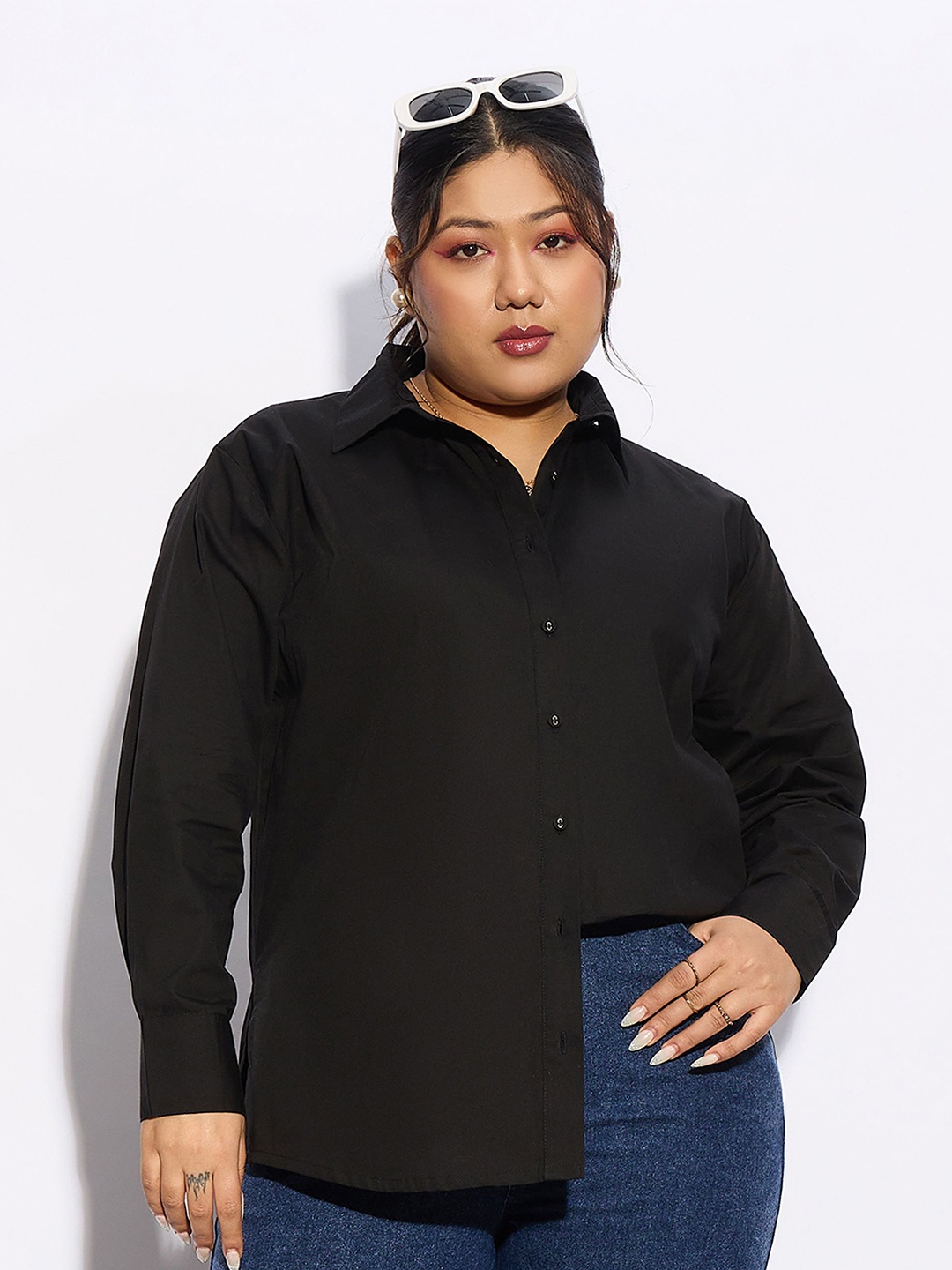 

SASSAFRAS Curve Plus Size Pure Cotton Casual Shirt, Black