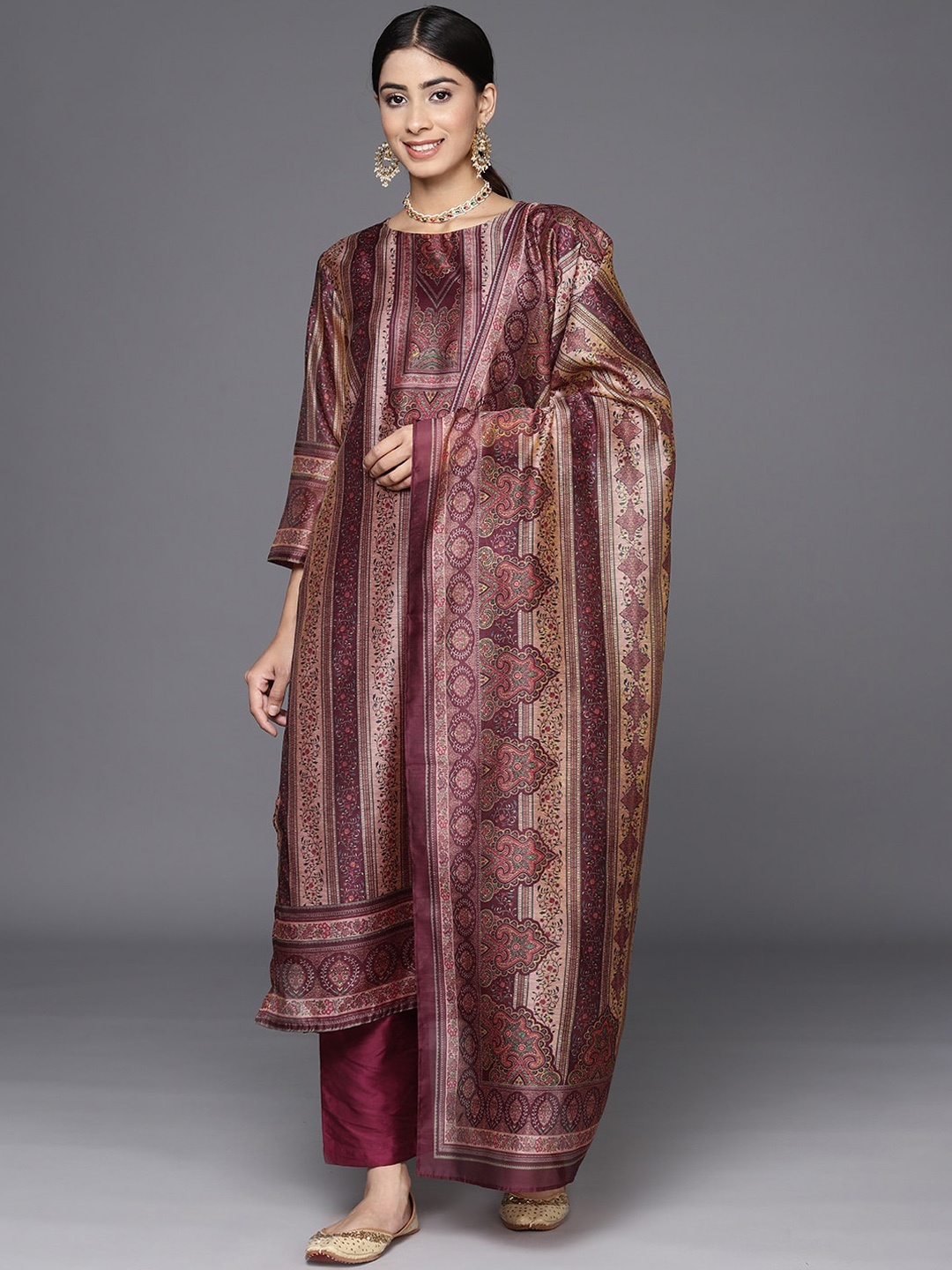 

KALINI Ethnic Motifs Printed Kurta With Trousers & Dupatta, Burgundy
