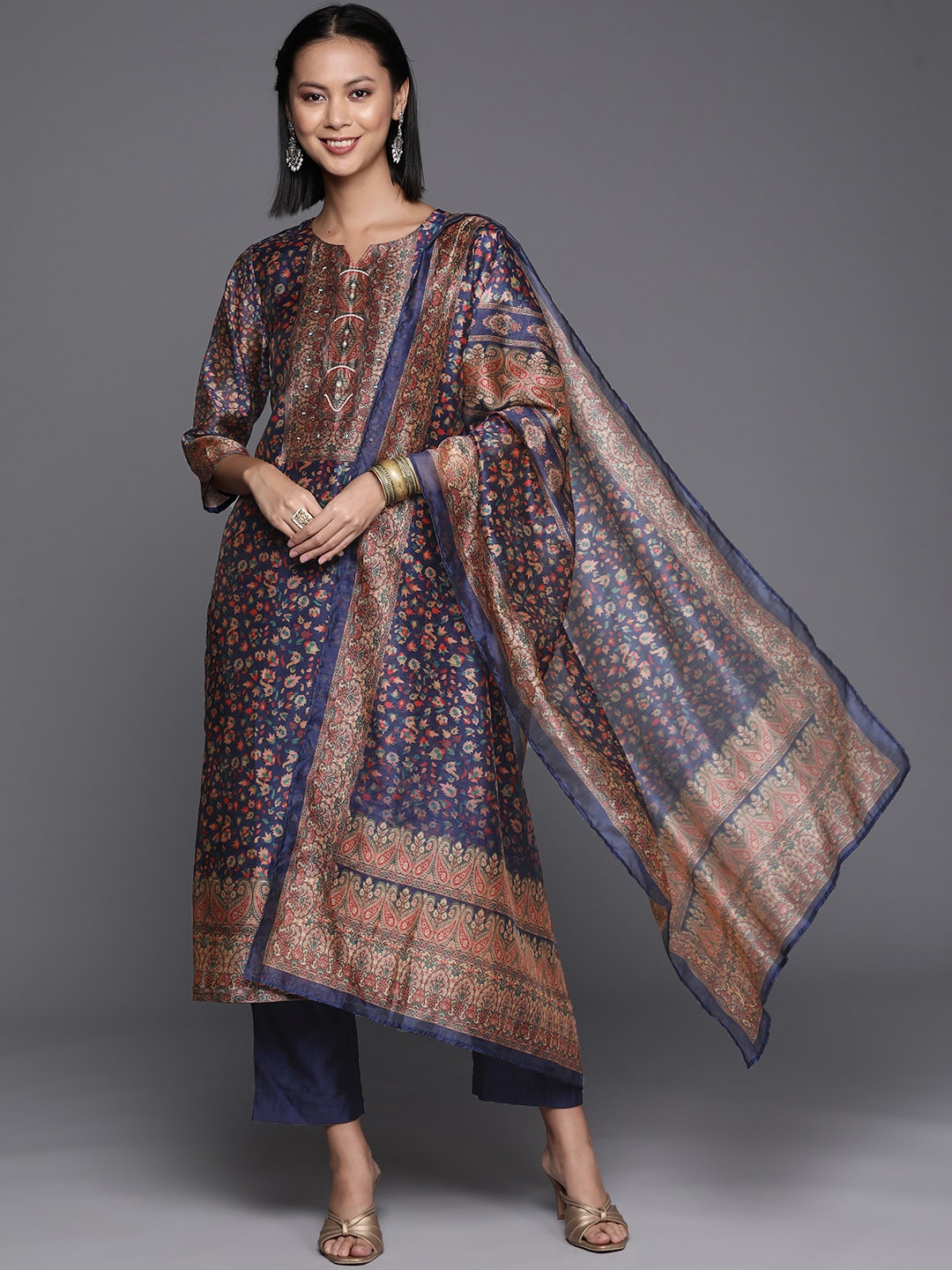 

KALINI Ethnic Motifs Printed Kurta With Trousers & Dupatta, Navy blue