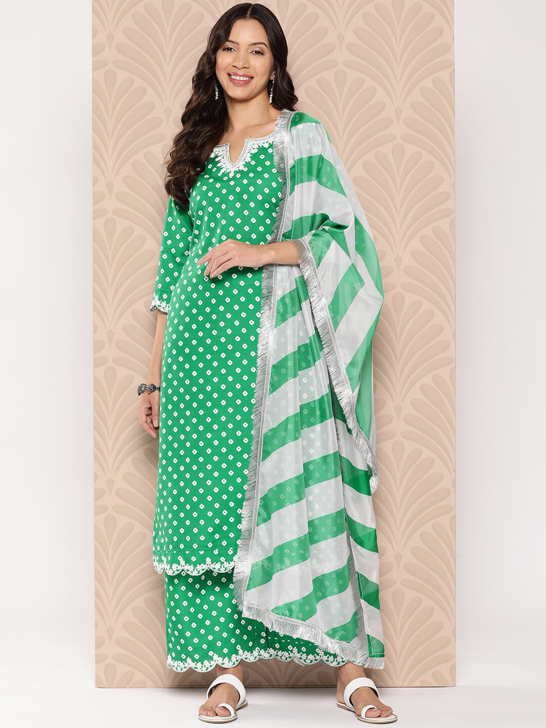 

KALINI Bandhani Printed Kurta With Palazzos & Dupatta, Green