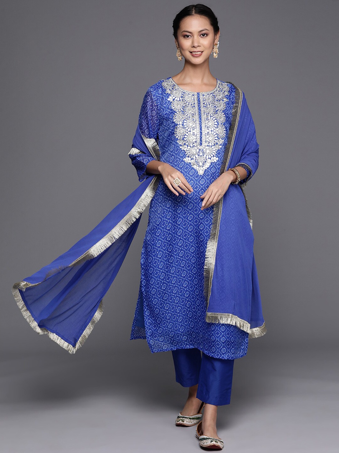 

KALINI Bandhani Embroidered Kurta With Trousers & Dupatta, Blue