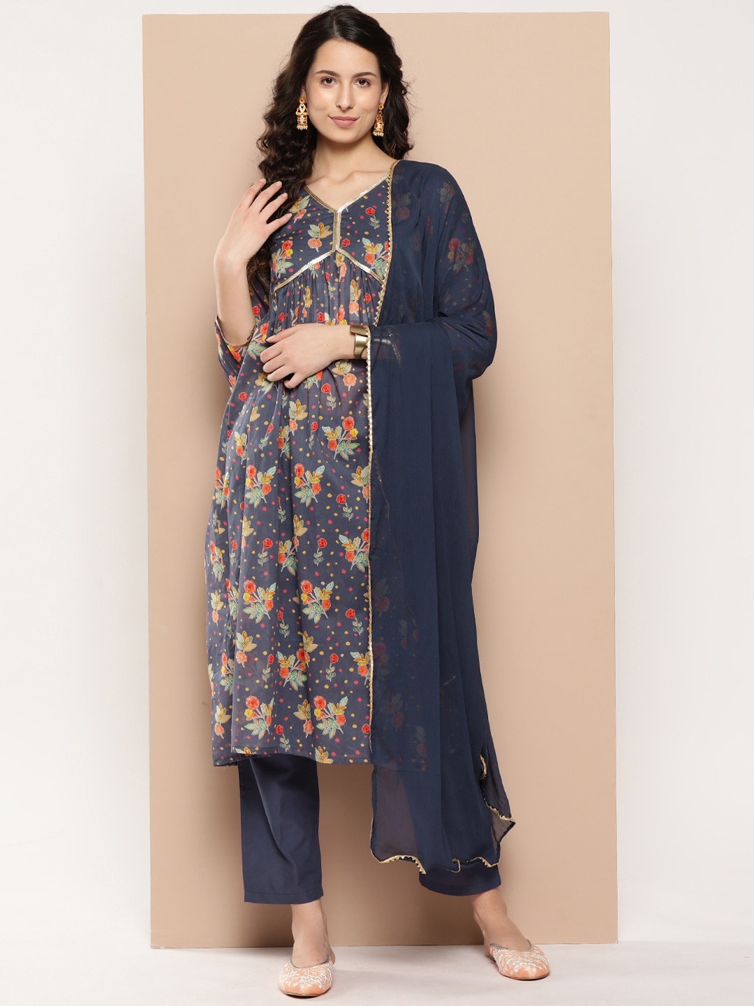 

KALINI Floral Printed Pure Cotton Kurta With Trousers & Dupatta, Violet