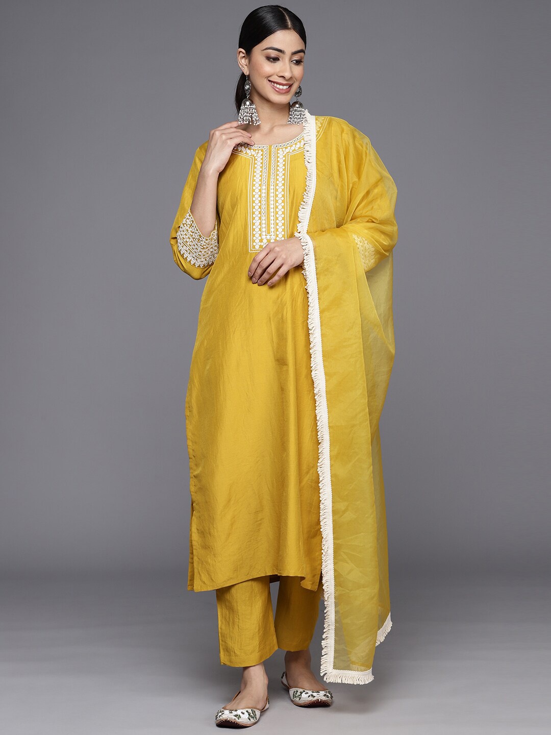 

KALINI Ethnic Motifs Embroidered Kurta With Trousers & Dupatta, Yellow