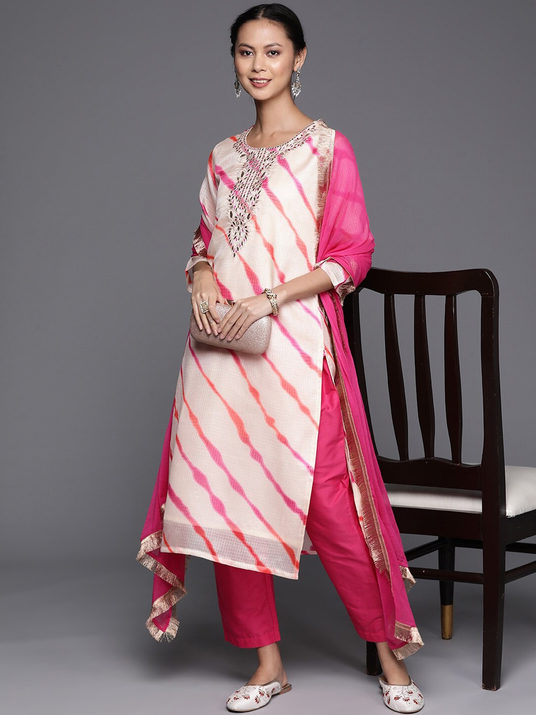 

KALINI Leheriya Printed Kurta With Trousers & Dupatta, Cream