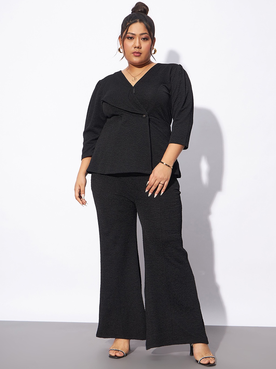 

SASSAFRAS Curve Plus Size Shawl Neck Top With Trousers Co-Ords, Black