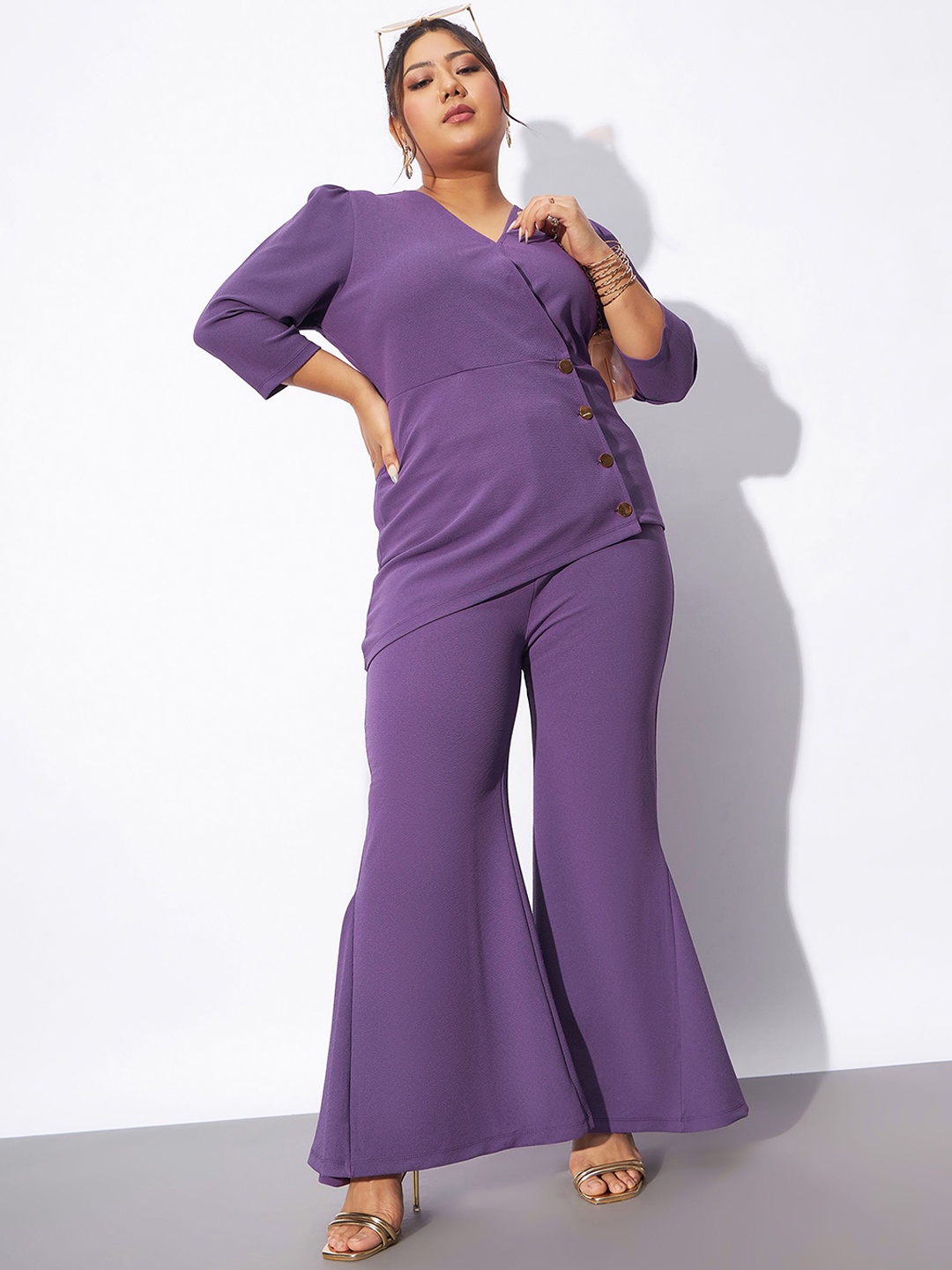 

SASSAFRAS Curve Plus Size Wrap Top With Kick Pleat Trousers Co-Ords, Lavender