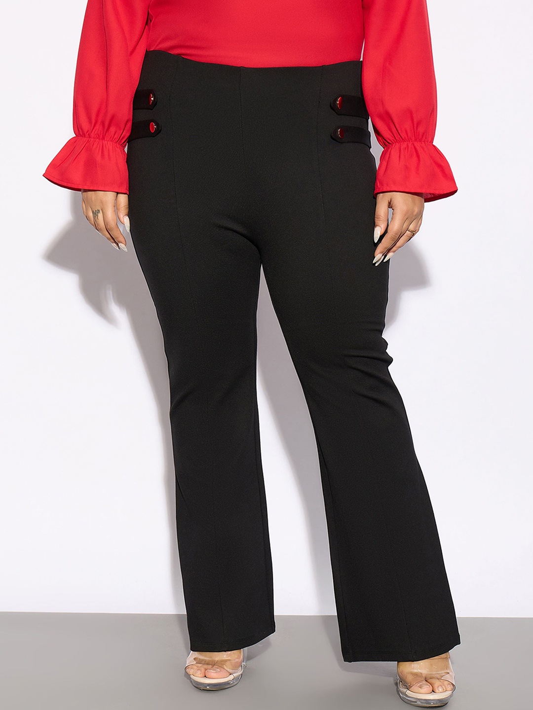 

SASSAFRAS Curve Women Plus Size Black Flared High-Rise Bootcut Trousers