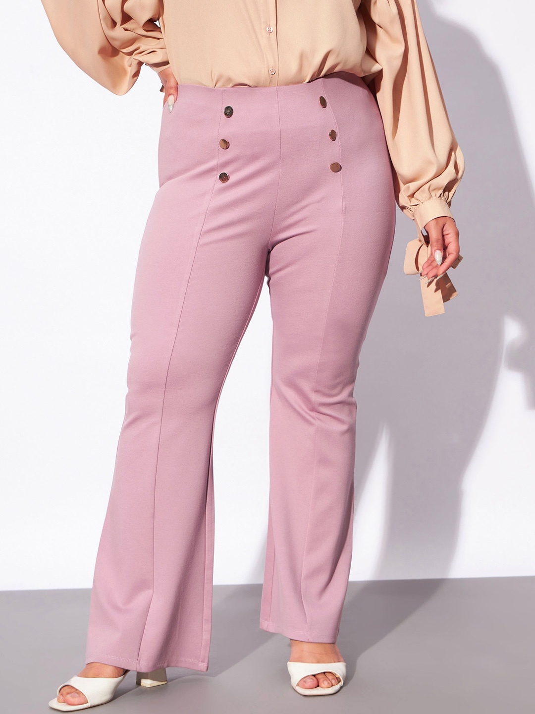 

SASSAFRAS Curve Women Plus Size Pink Flared High-Rise Bootcut Trousers