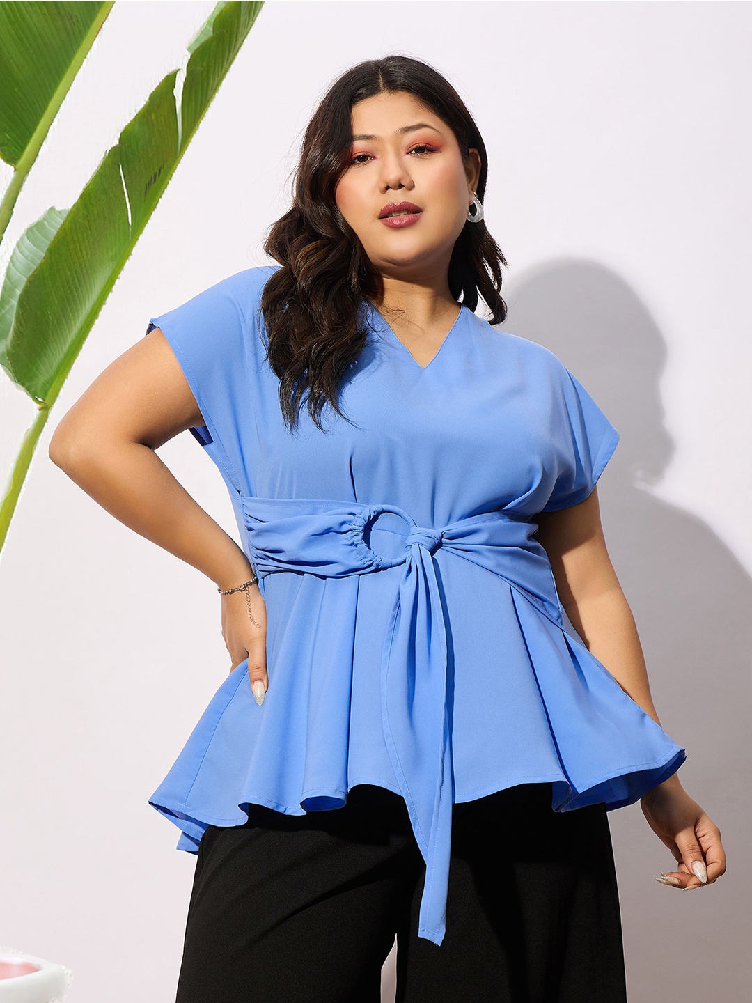 

SASSAFRAS Curve Plus Size V-Neck Flutter Sleeve Georgette Peplum Top, Blue