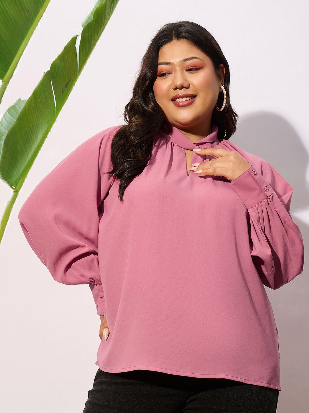 

SASSAFRAS Curve Plus Size Keyhole Neck Cuffed Sleeves Georgette Top, Pink