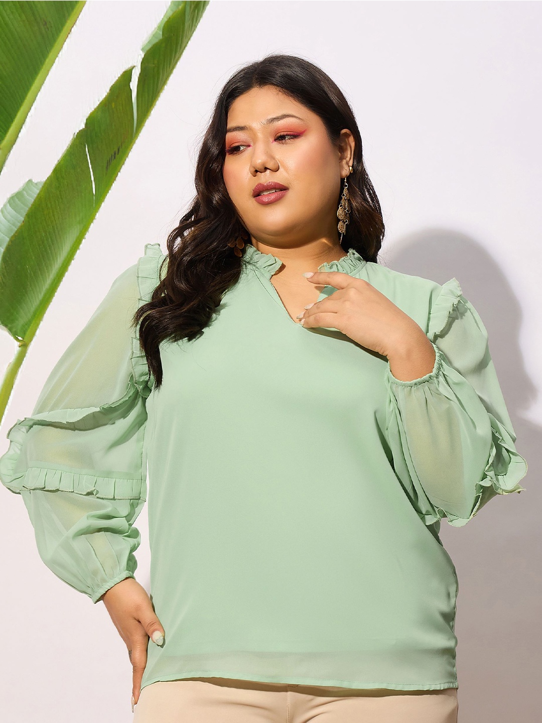 

SASSAFRAS Curve Plus Size V-Neck Ruffles Georgette Top, Green