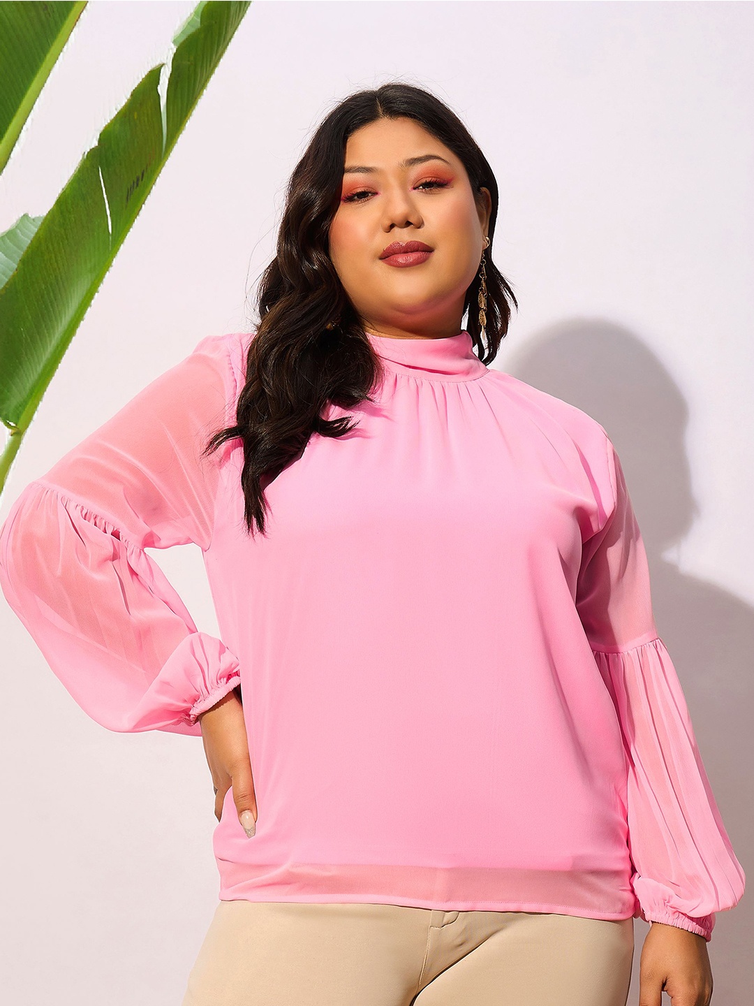 

SASSAFRAS Curve Plus Size High Neck Georgette Top, Pink