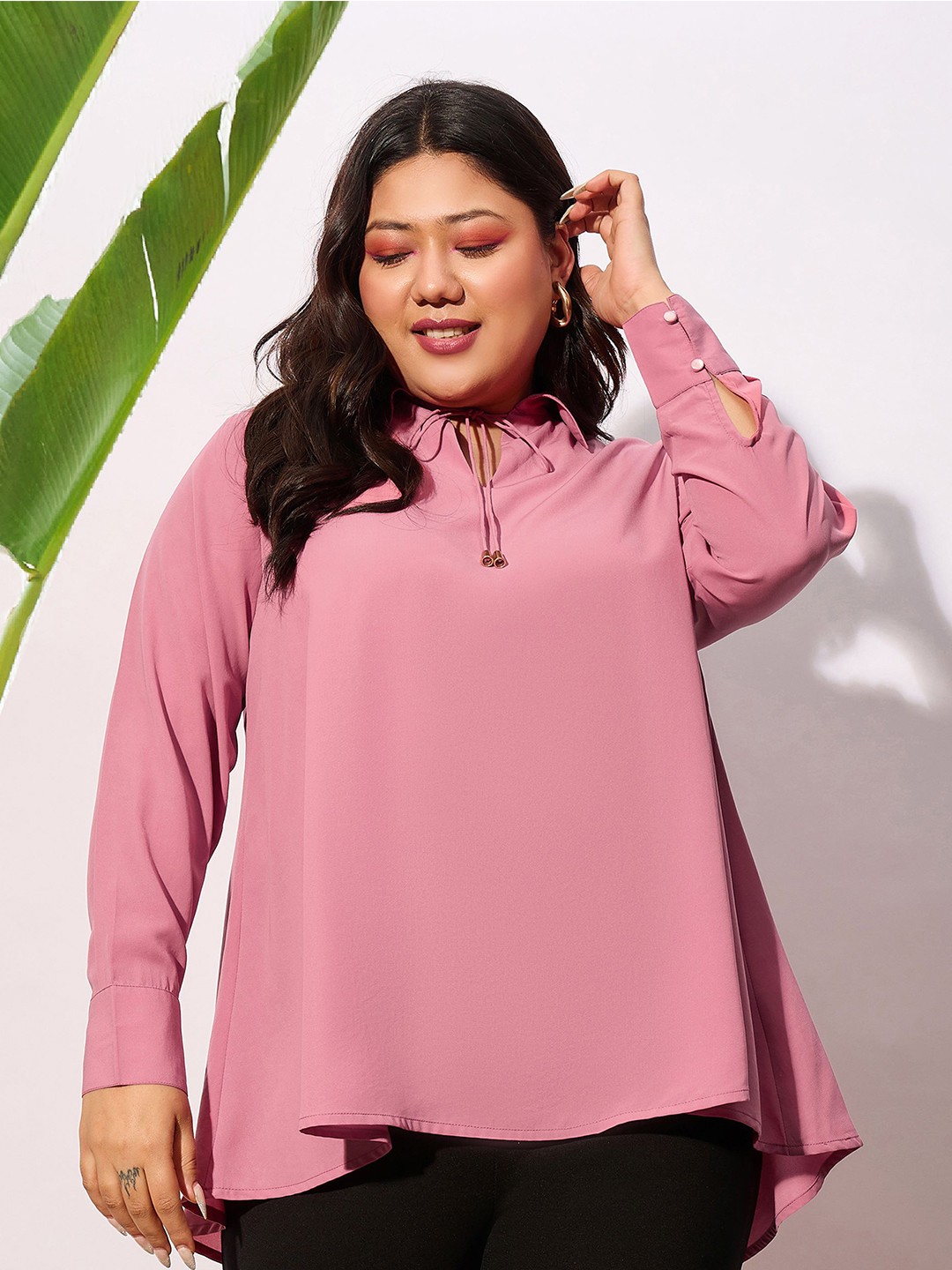 

SASSAFRAS Curve Plus Size Tie-Up Neck High-Low Georgette Top, Pink