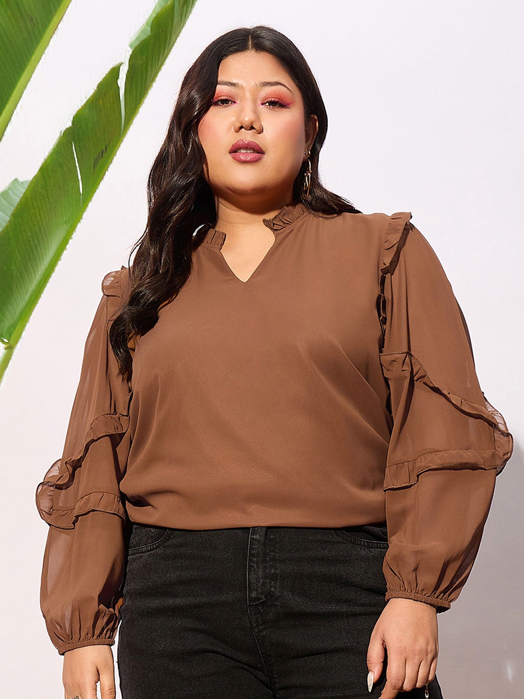 

SASSAFRAS Curve Plus Size V-Neck Ruffles Georgette Top, Brown
